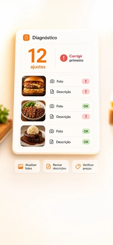 Tela de diagnóstico de cardápio com prioridades para o restaurante